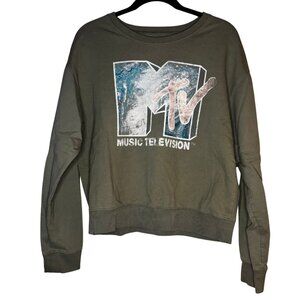 264. Army Green MTV Crew Neck Sweatshirt | Size XL | Retro Logo Pullover